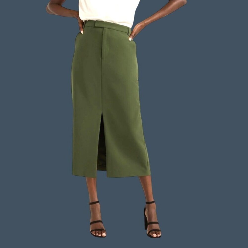 Scoop- Olive Green Women's Midi Skirt with Front Slit & Belt Loops Size 10